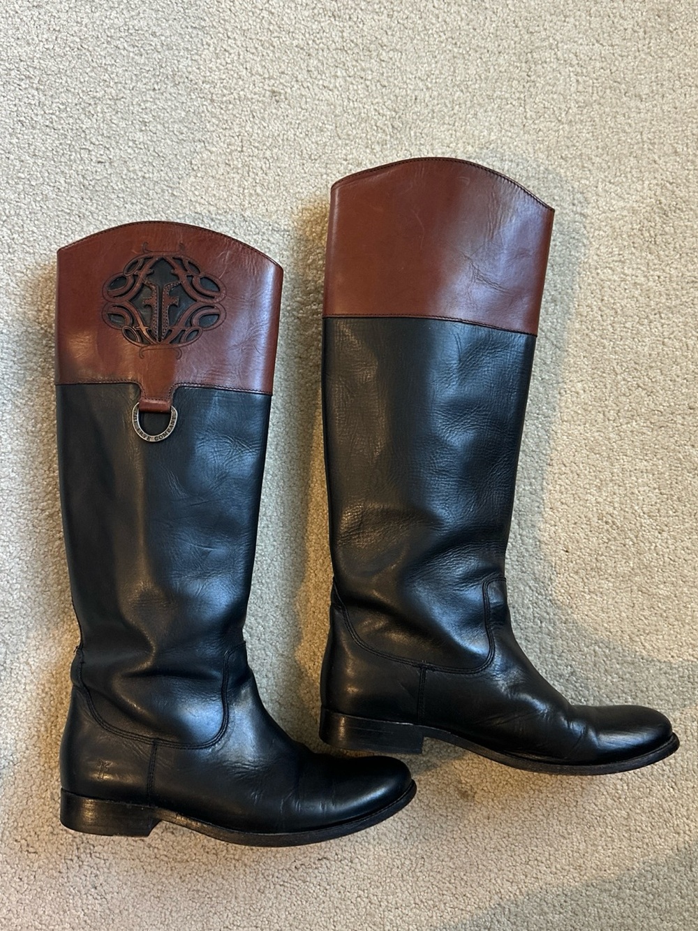 Frye Leather Melissa Boots with cutout logo, Two-Tone Knee High Riding Boots